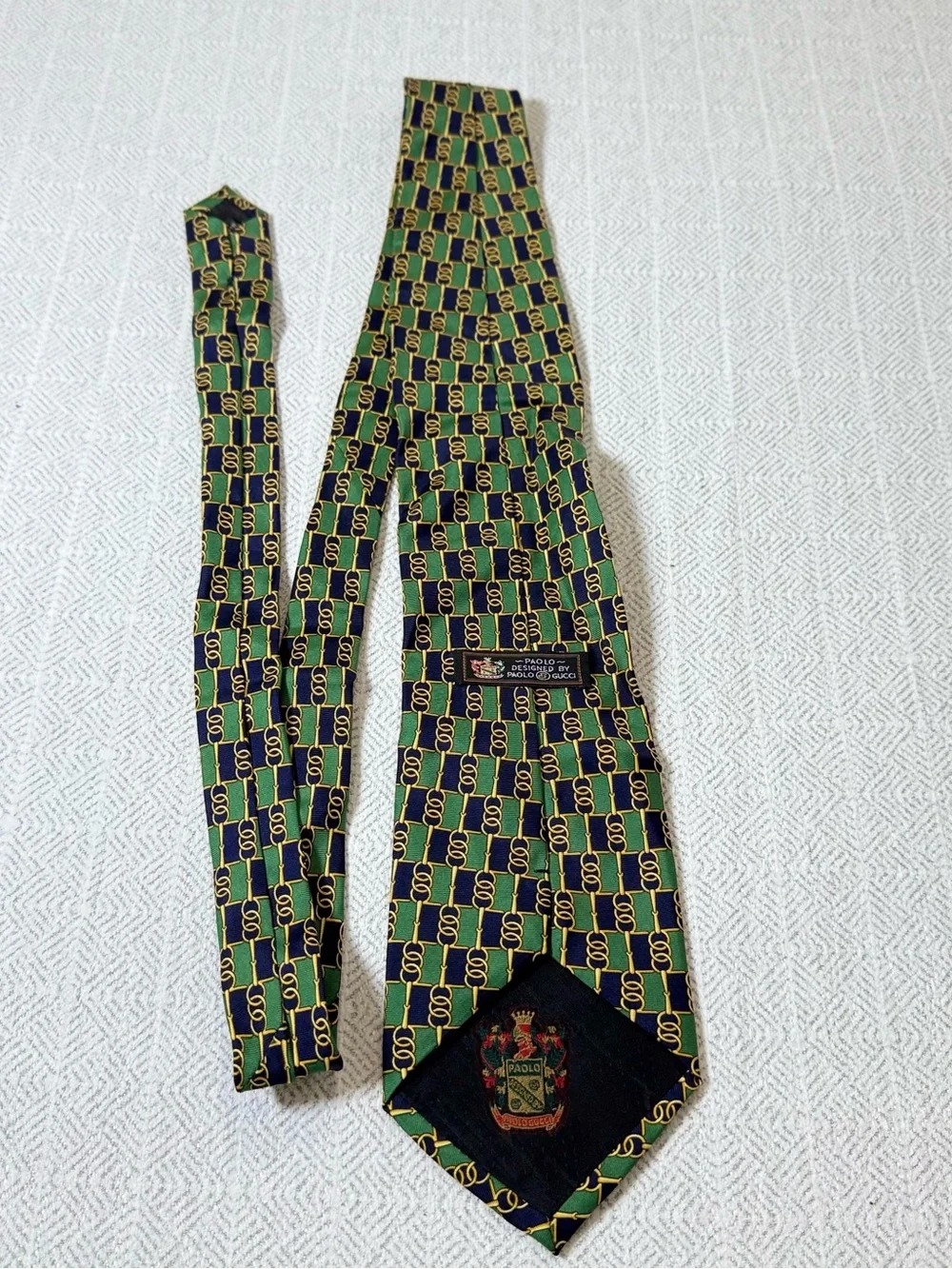 Vintage Paolo Gucci Geometric Logo Woven 100% Silk Tie Green/Navy/Gold One Size